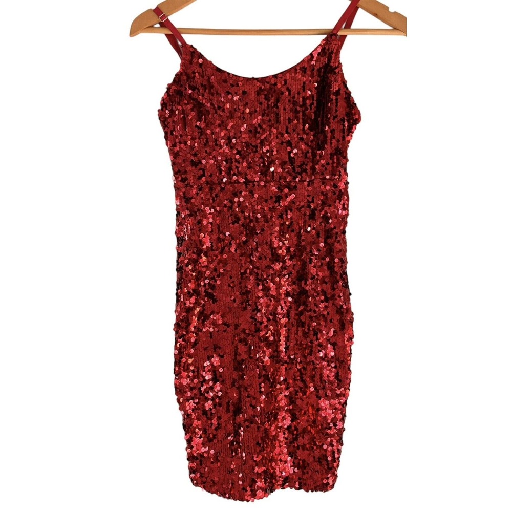 REVAMPED LA NUIT RED SEQUIN SPAKLED BODYCON SHOULDER STRAP DRESS Size XS